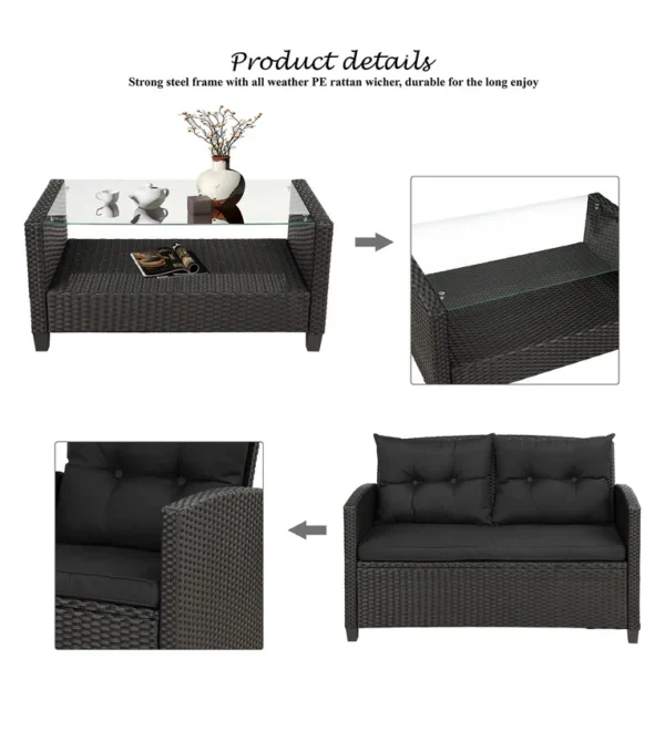 Bologna Wicker Table and Chair Set in Black Colour with Sofa - Image 10