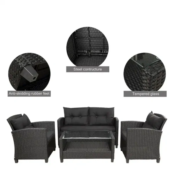 Bologna Wicker Table and Chair Set in Black Colour with Sofa - Image 7