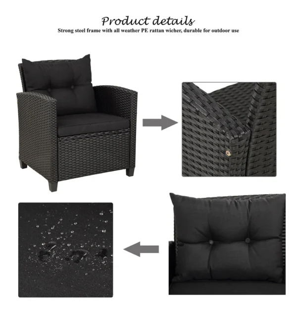 Bologna Wicker Table and Chair Set in Black Colour with Sofa - Image 5