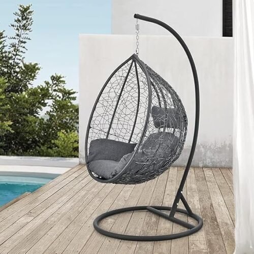 IIOF Outdoor/Indoor/Balcony/Garden/Patio Swing Chair with Stand and Cushion Set (Black and Grey). - Image 2