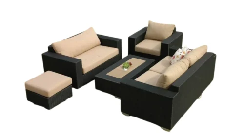 IIOF 6 Piece Outdoor HDPE Wicker Sectional Sofa Conversation Set with Center Table and Ottoman(Black & Cream) - Image 2
